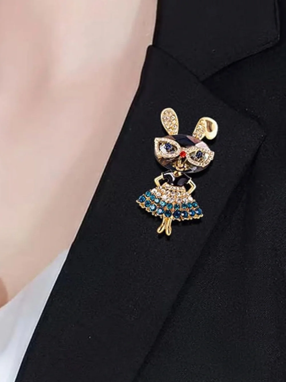 Gold Bunny Pin with Teal, Clear & Red Accents